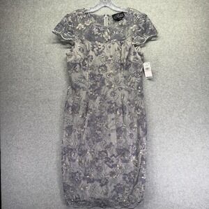 Alex Evenings Dress Womens 10 Dove Floral Lace Sheath Short Sleeve Knee Length